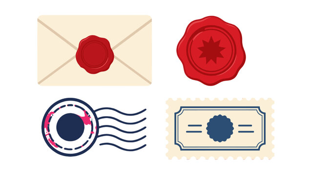 Vintage mail elements with envelope wax seal postmark and stamp