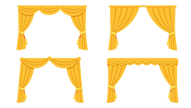 Set of golden stage curtains in cartoon vector style
