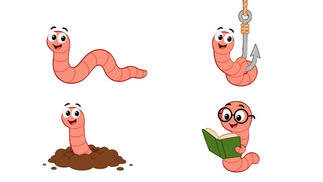 Cute cartoon worm characters in different poses set