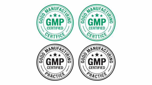 Circular gmp certified labels featuring good manufacturing practice stamps for identifying high quality standards in industrial and medical product production