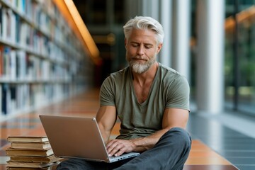 Fototapeta premium Middle aged man working on laptop in library corridor