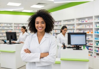Obraz premium Smiling Professional African American Female Pharmacist Standing with Arms Crossed in Modern Pharmacy Store