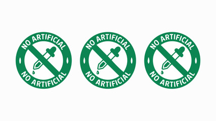 Obraz premium Three green circular stamps featuring a crossed out dropper icon representing a product that contains no artificial chemical additives