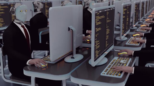 Endless 3d loop of humanoid robots working in a futuristic office. Concept of automated software development, artificial intelligence programmers and massive digital workforce in a sci-fi world.