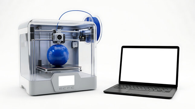 Innovative desktop 3D printer producing a blue sphere, highlighting modern manufacturing and digital creation processes