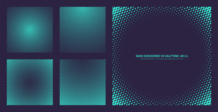 Assorted vector diagonal checkered dash halftone pattern cyan dark purple set in square 1:1 aspect ratio including faded round frame and various radial textures. Dashed half tone design elements pack
