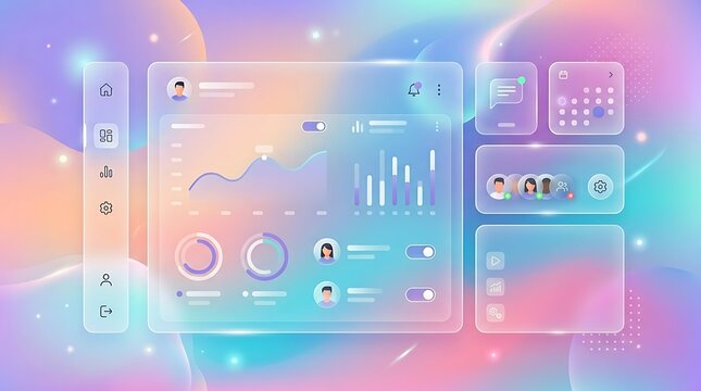 Modern Glassmorphism UI Dashboard: Charts, Icons, User Profiles, Calendar, Chat, Bokeh Lights