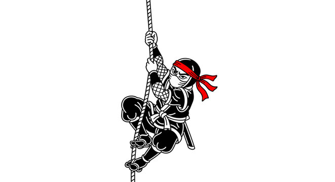 Ninja warrior climbing rope with red headband and mask.
