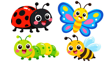 Obraz premium Cute cartoon insect set with ladybug butterfly caterpillar and bee