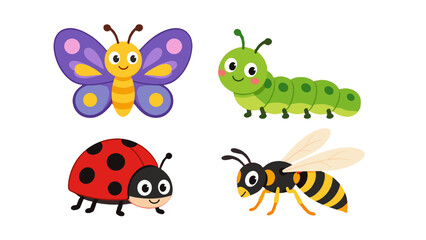 Obraz premium Cute cartoon insects set with butterfly caterpillar ladybug and wasp