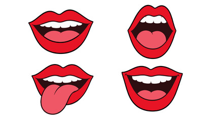 Set of cartoon red lips with teeth and tongue expressions © Mark