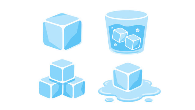 Blue ice cube set with glass and melting cube illustrations