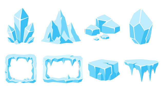 Cartoon ice crystals, glacier shapes and frosty frame set