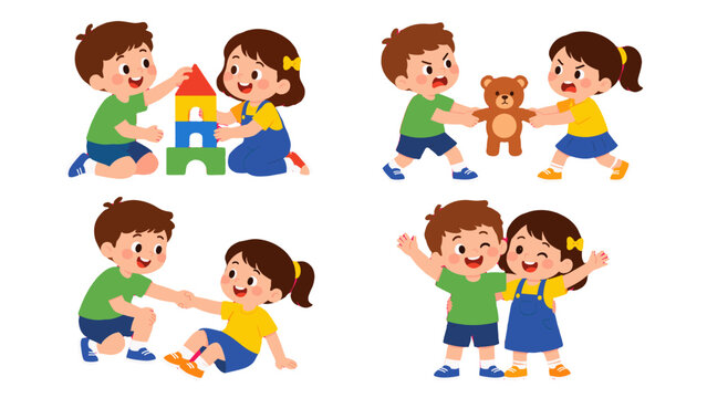 Children showing good and bad behavior in playful scenes