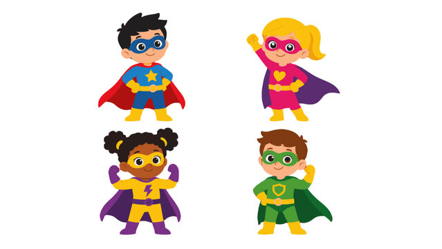 Cartoon superhero children characters set in colorful costumes