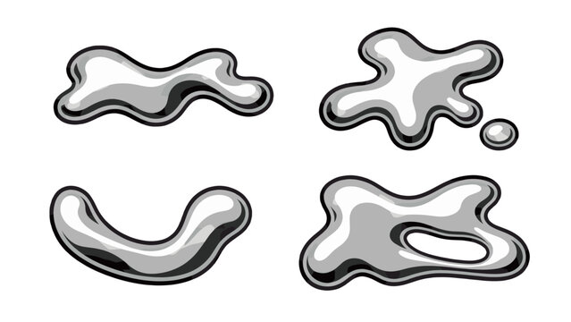 Set of glossy chrome liquid blobs and metallic drop shapes