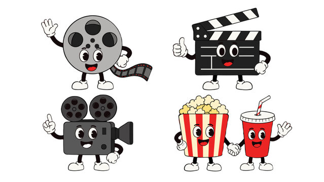 Cartoon cinema mascot set with film reel camera popcorn and drink