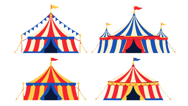Set of colorful striped circus tents with flags