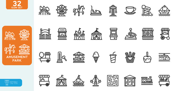 Amusement park Vector illustration line editable icon set. featuring Circus, roller coaster, ferris whell, street food, and more . on white background.