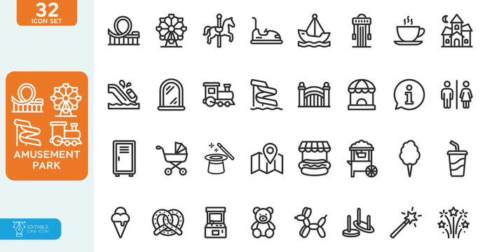 Amusement park Vector illustration line editable icon set. featuring Circus, roller coaster, ferris whell, street food, and more . on white background.