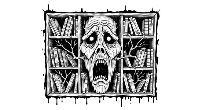 Scary monster face emerging from a bookshelf filled with books.