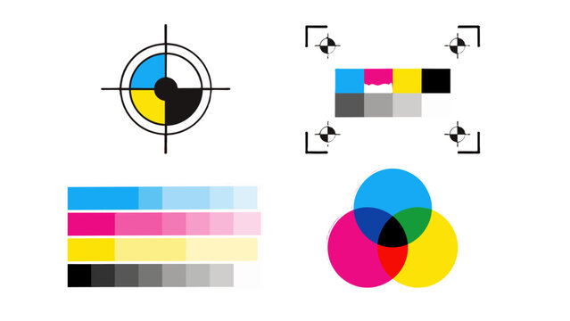 CMYK printing marks, color bars, and mixing diagram set