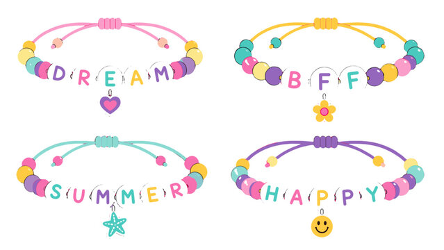 Colorful beaded friendship bracelets with letter beads and charms