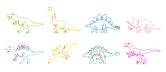 Colorful one line dinosaur outline set on white background © Mark