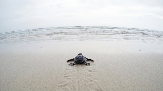 Baby sea turtle hatchling seen from behind at sand level crawling toward vast ocean horizon, tiny shell in foreground vast ocean behind, overcast soft light, journey and determination concept