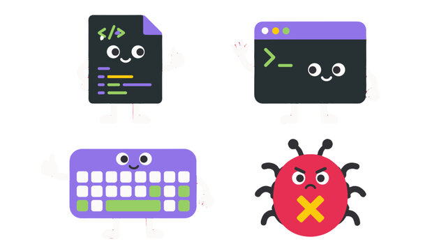 Cute programming mascots with code file terminal keyboard and bug