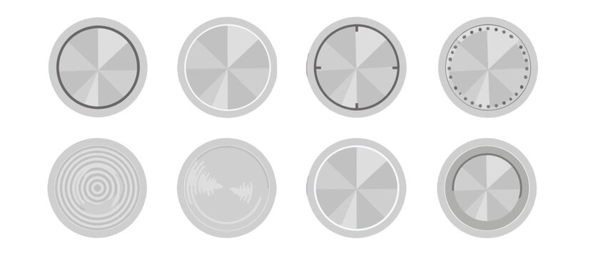 Set of silver metallic circular knobs and brushed steel discs