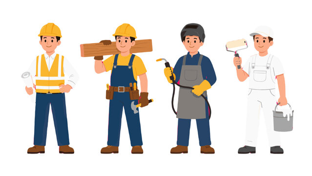 Construction worker characters with tools in flat vector style