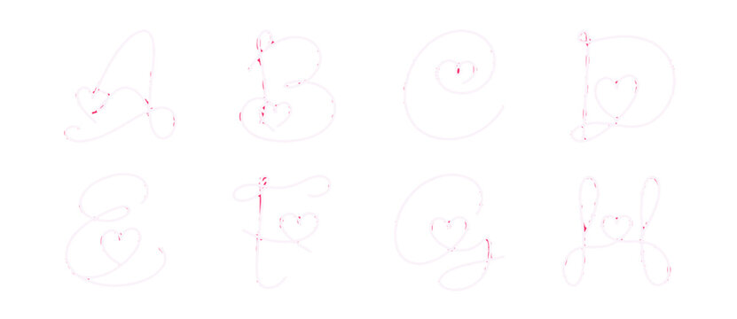 Hand drawn one line alphabet letters with heart details