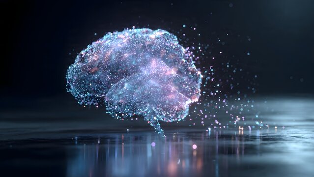 An abstract futuristic human brain concept formed by glowing digital particles and neon network lights representing high speed smart artificial intelligence data processing.