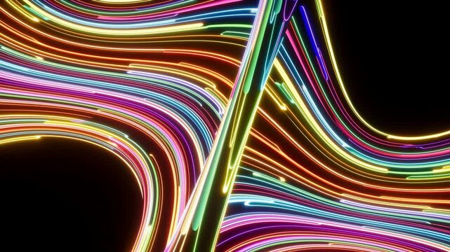 Bright Neon Lines Dancing Vibrantly. Animated Luminous Strips Moving Dynamically Across Dark Backdrop