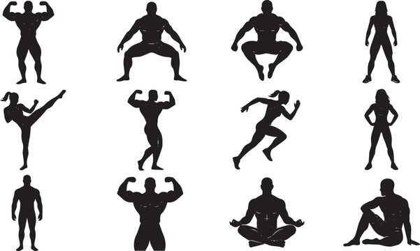 Black silhouettes set of fitness athletes bodybuilders running women and martial artists practicing various gym exercises isolated on white background