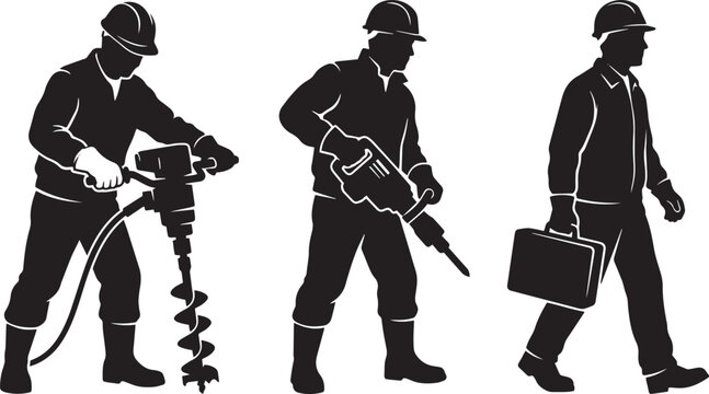 Black silhouettes set of industrial construction workers operating a jackhammer drill and carrying a briefcase isolated on white background