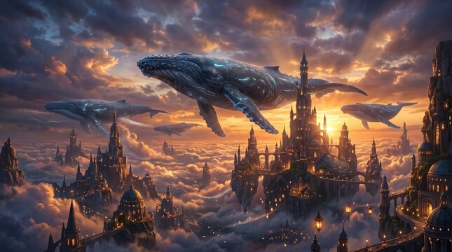 Enchanted Cityscape with Flying Whales Above Majestic Towers and Dramatic Sky at Sunset