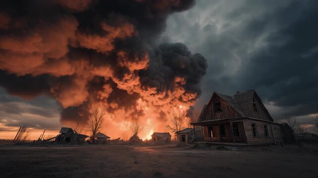Rural countryside village burning in flames, dramatic disaster scene with fire, smoke, destruction, and intense emergency atmosphere.