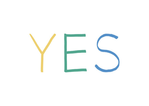 マジックで書いたシンプルな手描きのYES（黄色・緑・青）