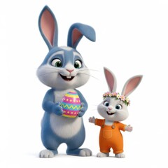 Obraz premium Two cute Easter bunnies holding a colorful decorated egg