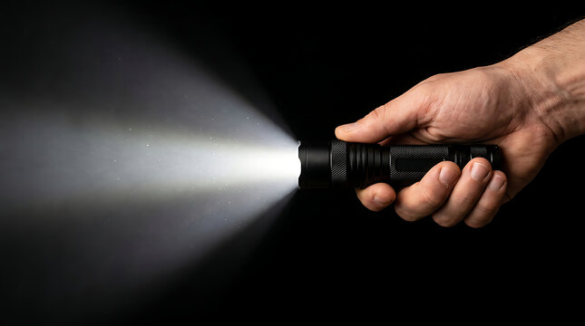 Close-up of a hand holding a robust tactical flashlight, casting a powerful beam to illuminate dark surroundings