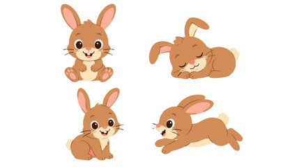 Fototapeta premium Cute cartoon rabbits in sitting sleeping and jumping poses