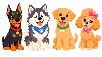 Cute cartoon dog breeds sitting in a row on white background © Mark