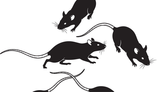 Black vector silhouettes of rats and mice in different poses with long tails isolated on a white background for pest control
