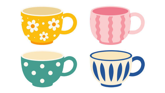 Set of colorful patterned cups in flat vector style