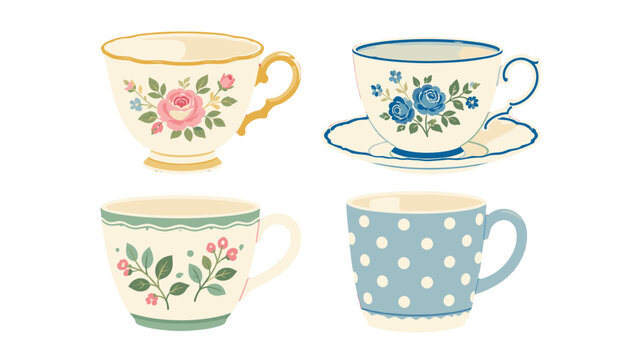 Set of vintage floral teacups and patterned ceramic mugs
