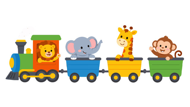 Cute cartoon wild animals riding a colorful toy train
