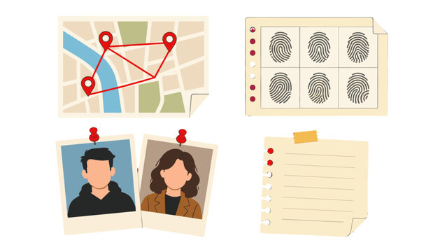 Cartoon detective board elements with map, fingerprints and photos