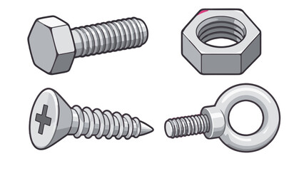 Flat vector set of metal bolt, nut, screw, and eye bolt